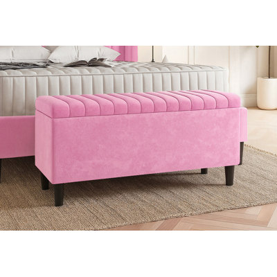 Plush Velvet Lined Upholstered Ottoman Storage Box with Wooden Legs
