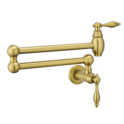 Robinet de robinet de remplissage mural en laiton brossé doré, robinet de cuisine pliant avec bras articulés doubles articulés extensibles, entrée à un trou, deux robinets en céramique à fixation commerciale, or, 360