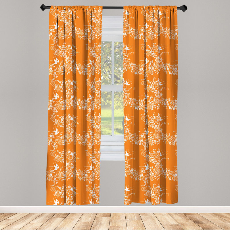 Orange Japanese Tree Birds Art Polyester Curtain Panels