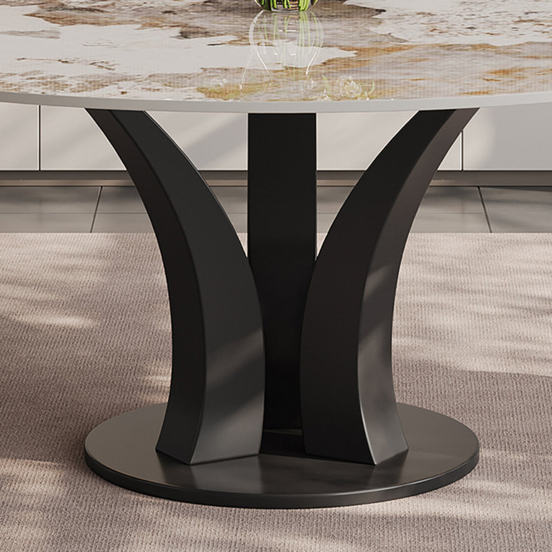 Table de salle à manger ronde 59 po, table de salle à manger moderne en faux marbre blanc brillant avec base en acier au carbone en forme de fleur