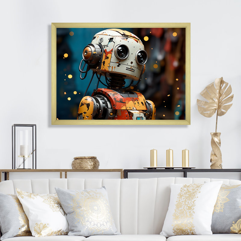 Popart Robot Fusion I - Art mural Pop Art, Cadre flottant noir, H 16 po x l 32 po x P 1 po