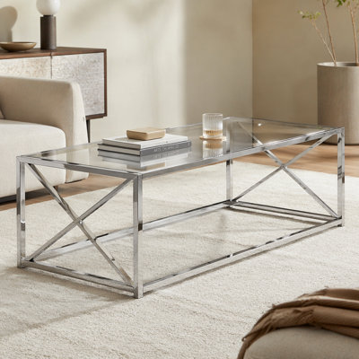 Coffee Table, Accent, Cocktail, Rectangular, Living Room, 44"l, Clear Tempered Glass, Chrome Metal, Contemporary, Modern