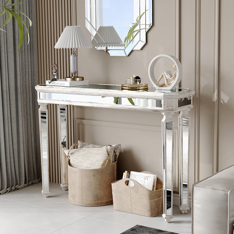 Console à miroir avec grain de bois rétro et procédé de sculpture exquis, magnifique et noble pour le vestibule, table de canapé idéale