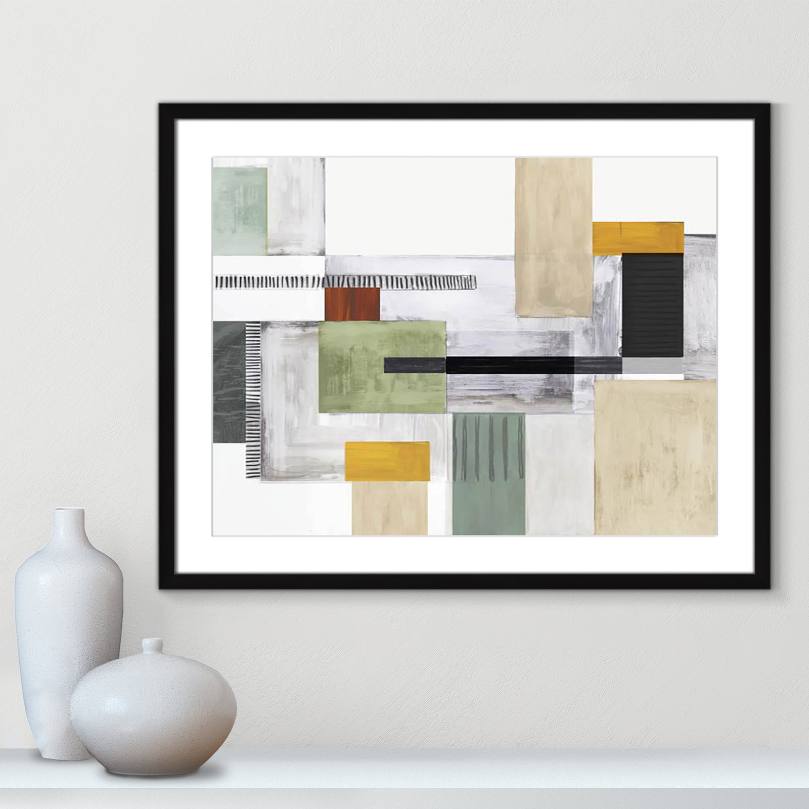 Playful Blocks by Tom Reeves, White, Black Box Picture Framed, 23.5" H x 29.5" W x 1.25" D