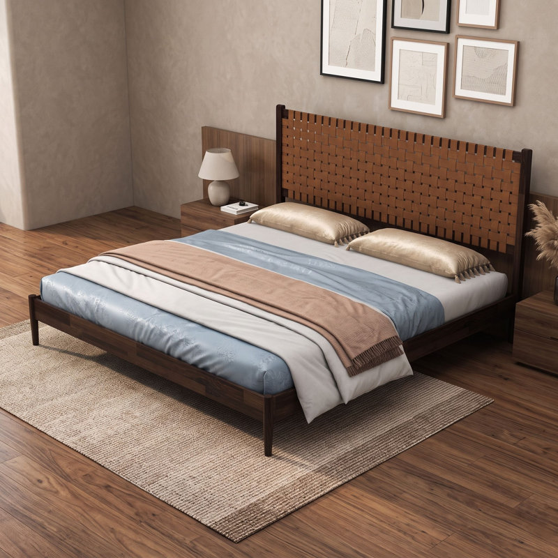 Lit plateforme Mid-Century moderne en bois avec tête de lit en cuir végétalien tissé, King, Dark Brown