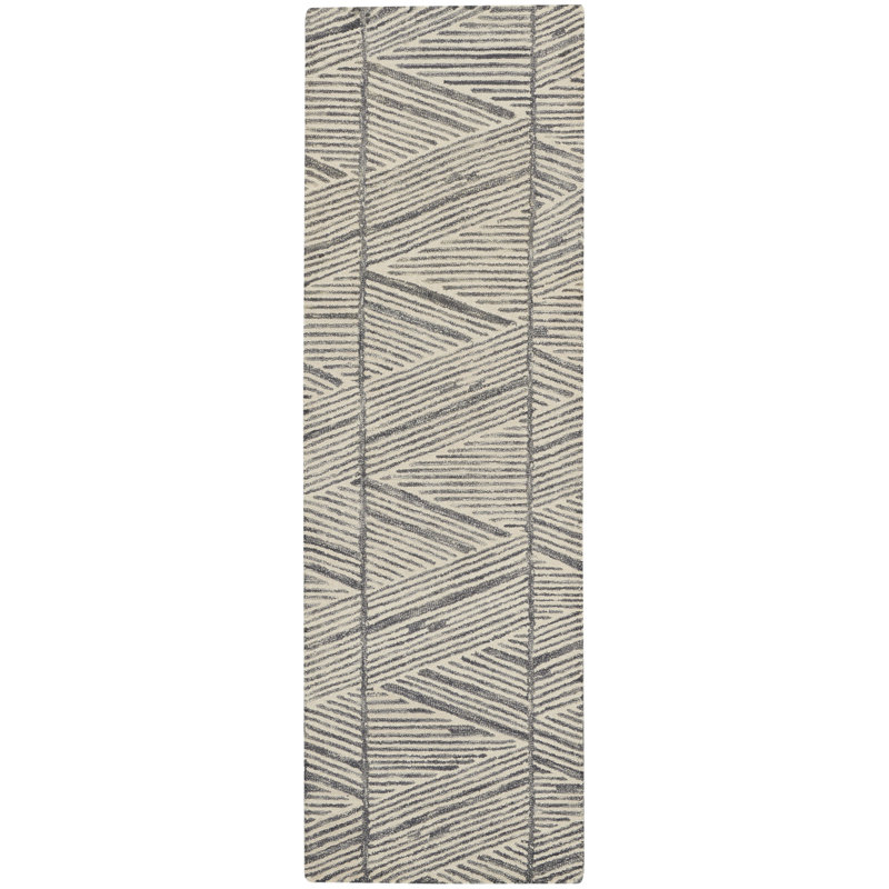 Tapis de couloir abstrait en laine 8 'gris et blanc