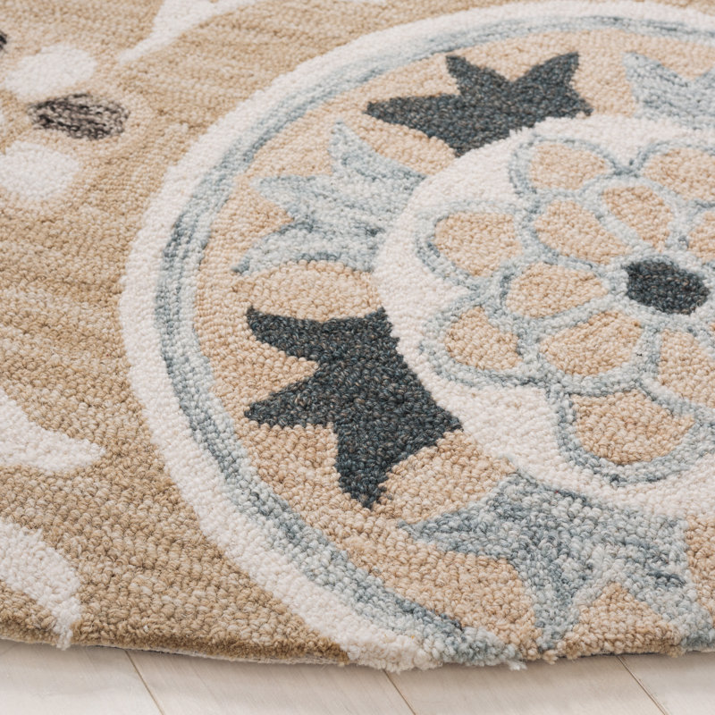 Tapis floral en coton touffeté à la main Jardin Ivoire / Beige, Rond 6 pi