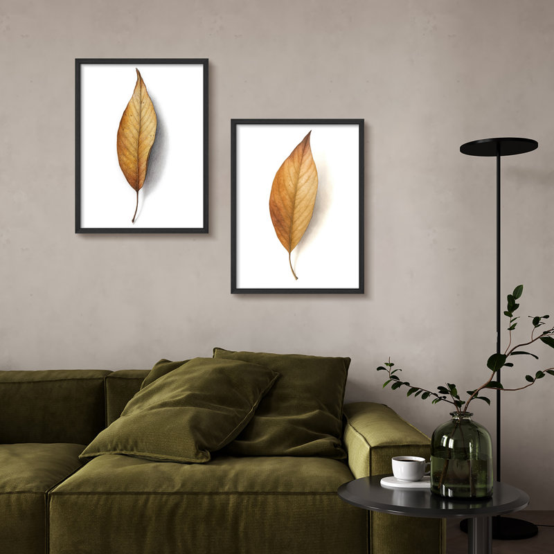 «Golden Autumn Leaves», ensemble d'art mural encadré - 2 pièces de motifs botaniques réalistes dans des tons de brun chaud, art saisonnier inspiré de la nature pour le salon ou la salle à manger