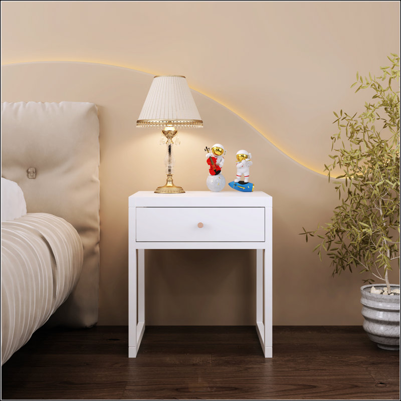 Table de chevet blanche moderne avec tiroir, table de chevet minimaliste avec poignée en bois, table de bout compacte pour petits espaces, assemblage facile