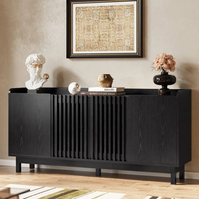 Storage Cabinet, 63" Large Buffet Cabinet With Shelves And Grille Doors, Mid Century Sideboard For Kitchen, Dining Room, Entryway (Black)