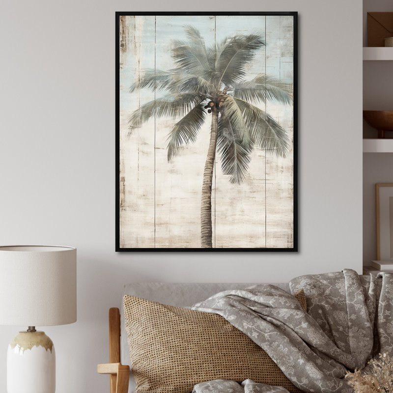 Palmier tropical dans des couleurs rétro délavées - prairie, art mural, H 44 po x l 34 po x P 1,5 po, Cadre flottant noir