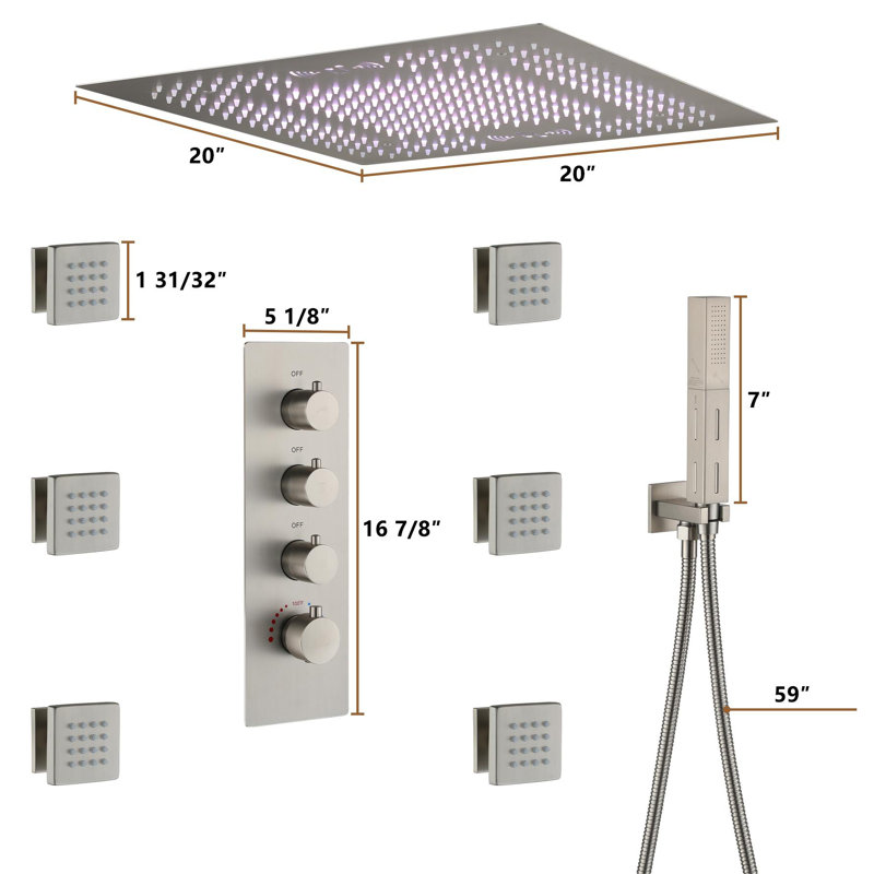 Brushed Nickel Square LED Rain Shower System with Handheld and Bluetooth Speaker