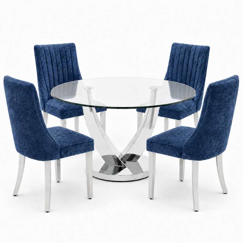 47.2" Round Glass Dining Table Set for 4, Modern 5-Pieces Kitchen Table set, Tempered Glass Table with 4 Chenille Upholstered Chairs, for Kitchen, Dining and Apartment