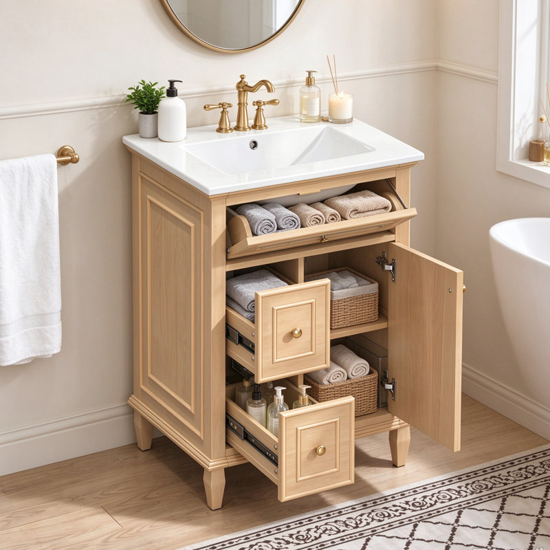 Meuble-lavabo de 24 po de largeur avec lavabo, 1 tiroir rabattable et 2 tiroirs, tablette réglable, naturel