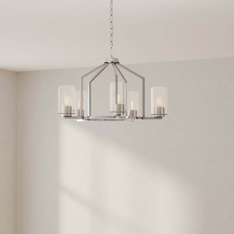 5 - Light Dimmable Geometric Chandelier, Brushed Nickel