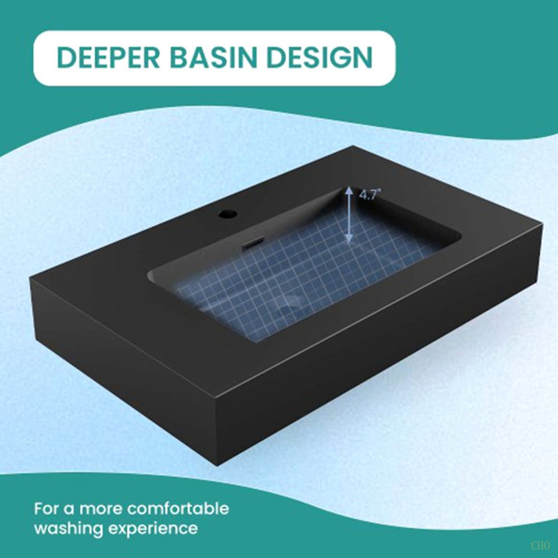 Lavabo intégré en quartz d'ingénierie sans drain ni robinet, couleur noir mat, 30"