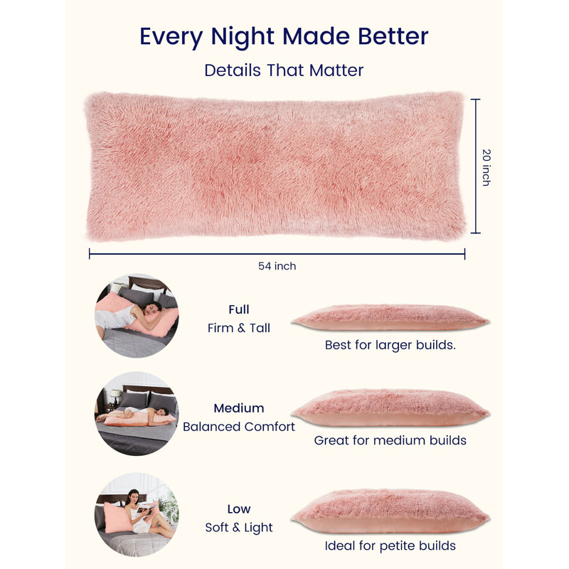 ZonLi Fluffy Full Body Pillow for Side Sleepers & Pregnancy, Removable Cover & Adjustable Filling, Large & Firm, Machine Washable - Pink
