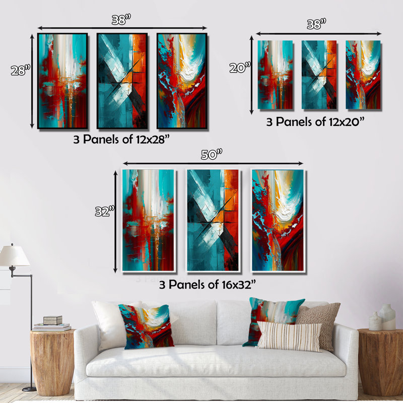«Rhythmic Abstract Teal Awakening», 3 pièces sur toile, Encadrement doré, H 32 po x l 48 po