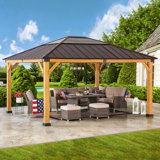 Sunjoy Hardtop Gazebo 13 x 15 ft. Upgrade Cedar Framed Wood Gazebo with Brown Steel and Polycarbonate Hip Roof Hardtop for Garden, Backyard Shade