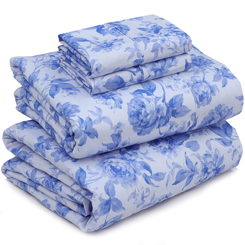 Ensembles de draps 100% microfibre brossée 4 pièces de draps de 16 po, Lavage à l'encre bleu, Très grand, Floral
