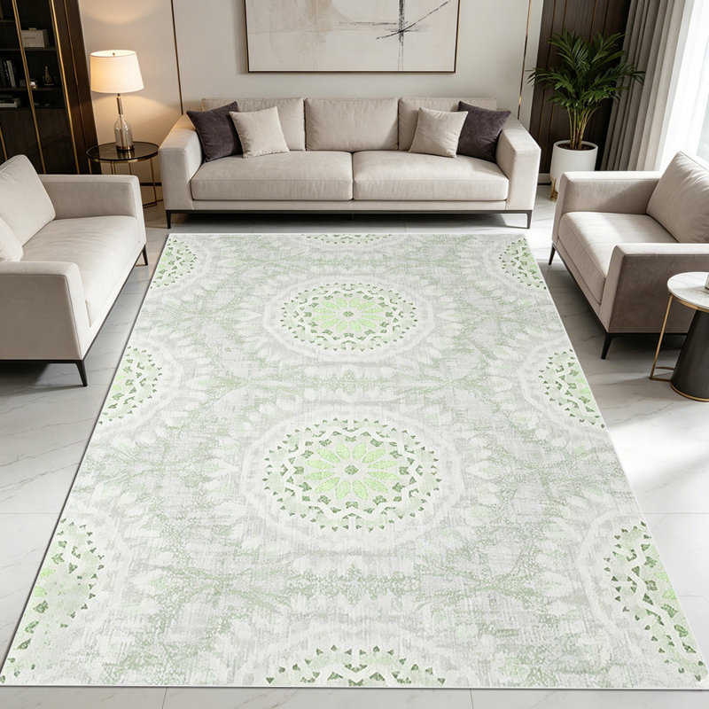 1PC Vintage Sage Green Medallion Linen Texture area rugs for Living Room, Soft, All seasons, Easy-maintain, Washable Indoor mat, Farmhouse suitable for dining room, bedroom, kitchen entryway, home office, patio, porch, Home Decor, Outdoor Decor.