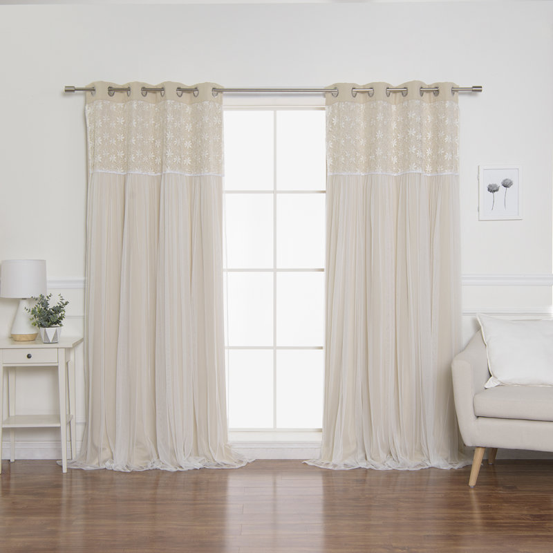 Everina Lace Overlay Nature Floral Room Darkening Thermal Grommet Curtain Panels, 52" W x 84" L, Beige