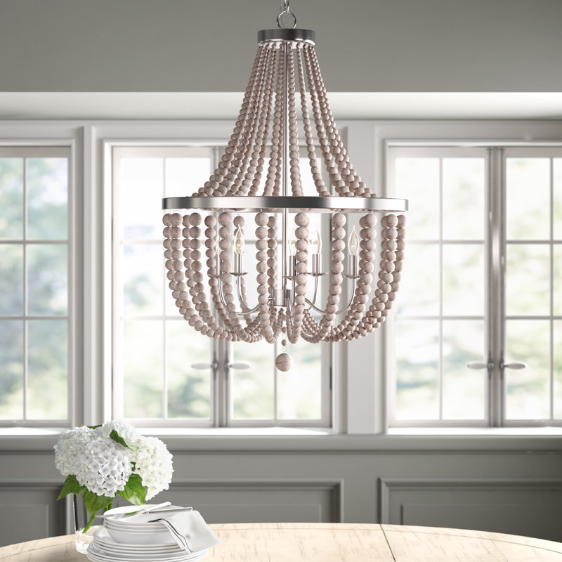 Dumas 5-Light Wood Bead Chandelier - Weathered White, Brushed Steel/White