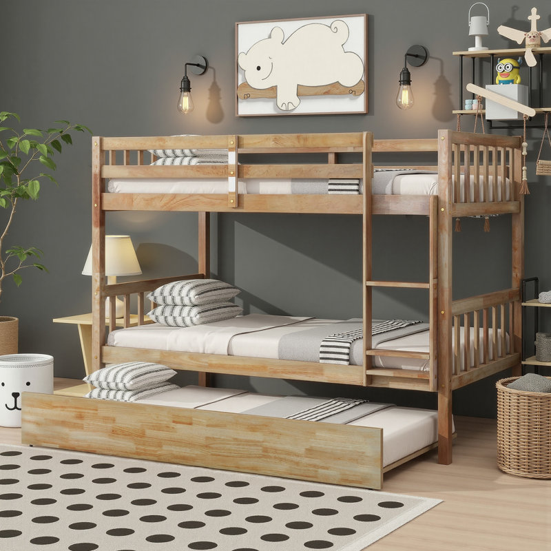 Twin Over Twin Rubber Wood Bunk Bed With Trundle, Convertible Into Twin Size Beds, Twin Size Bunk Bed With Ladder And Safety Guardrails=