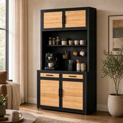 Aaliyah 83'' H Industrial Pine Wood And Iron Storage Cabinet With Pegboard Hutch, Upper Cabinets