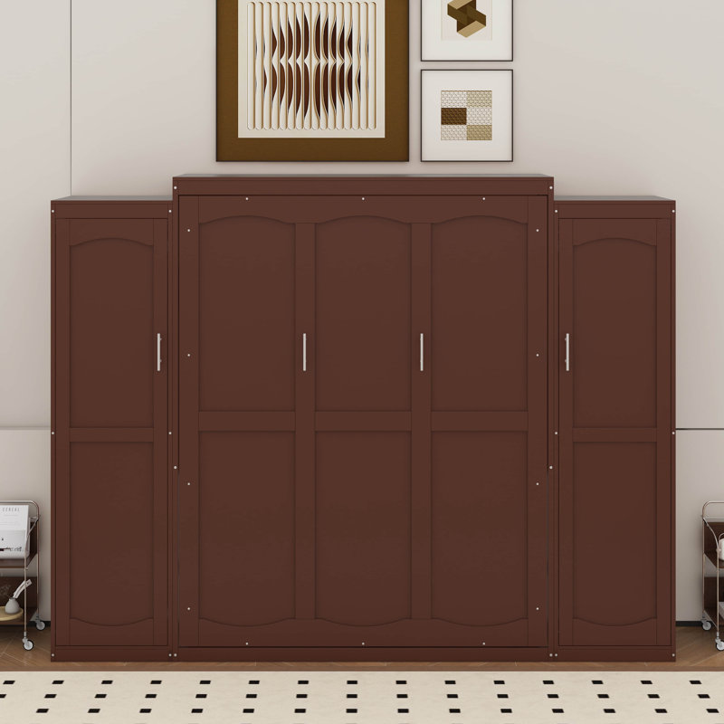 Lit escamotable avec 2 garde-robes et tablette de rangement, Noyer, Lit double