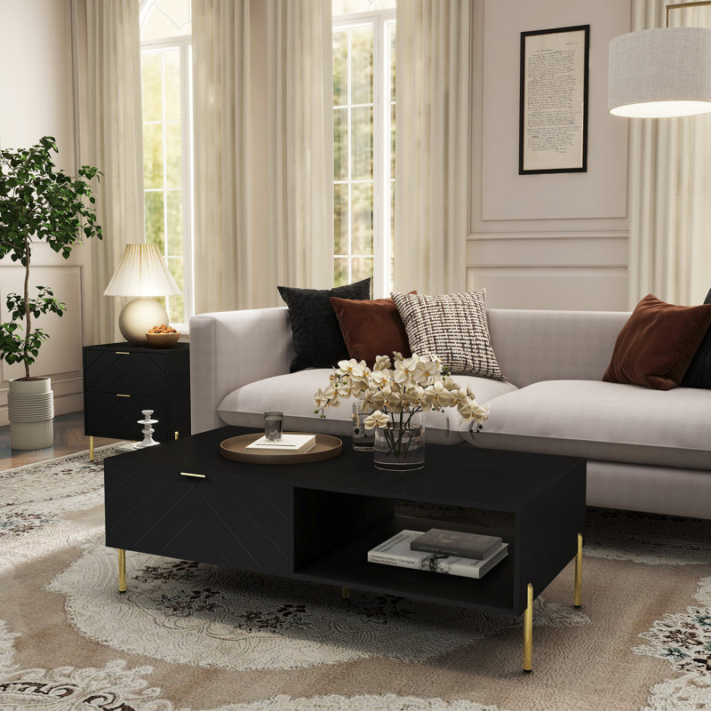 Table basse Mid-Century moderne avec tiroirs doubles, Noir, noir, noir, noir