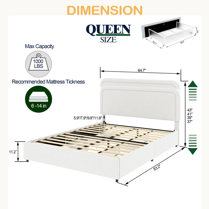 Lit plateforme tapissier grand format ivoire avec rangement breveté à 4 tiroirs, tête de lit capitonnée à coutures courbées, sommier à lattes en bois, aucun sommier nécessaire