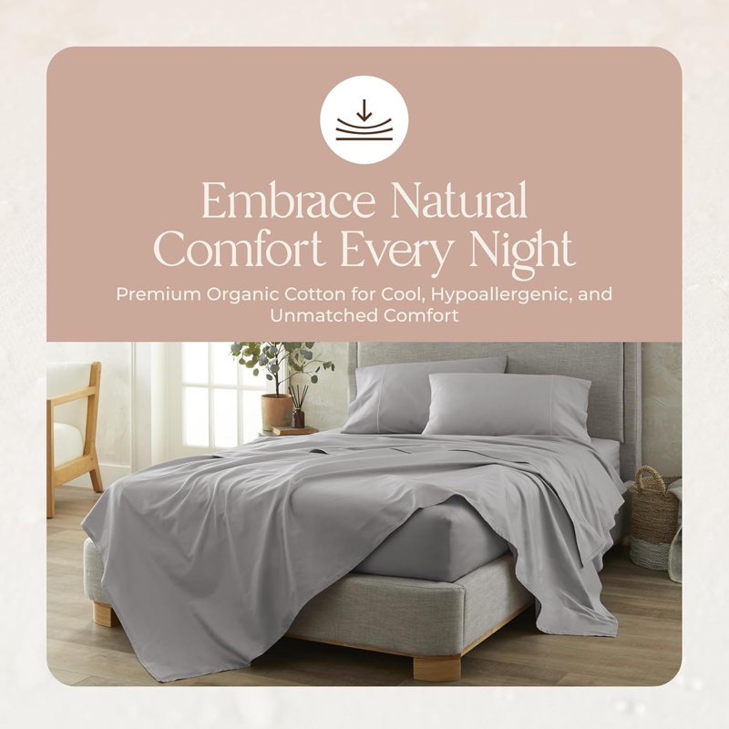 Certified Organic Full Flat Sheet Only - 100% Organic Cotton Sheets With Luxurious Soft And Breathable 500 Thread Count Sateen Weave Finish - Gots & Fairtrade Certified (Grey, Full)