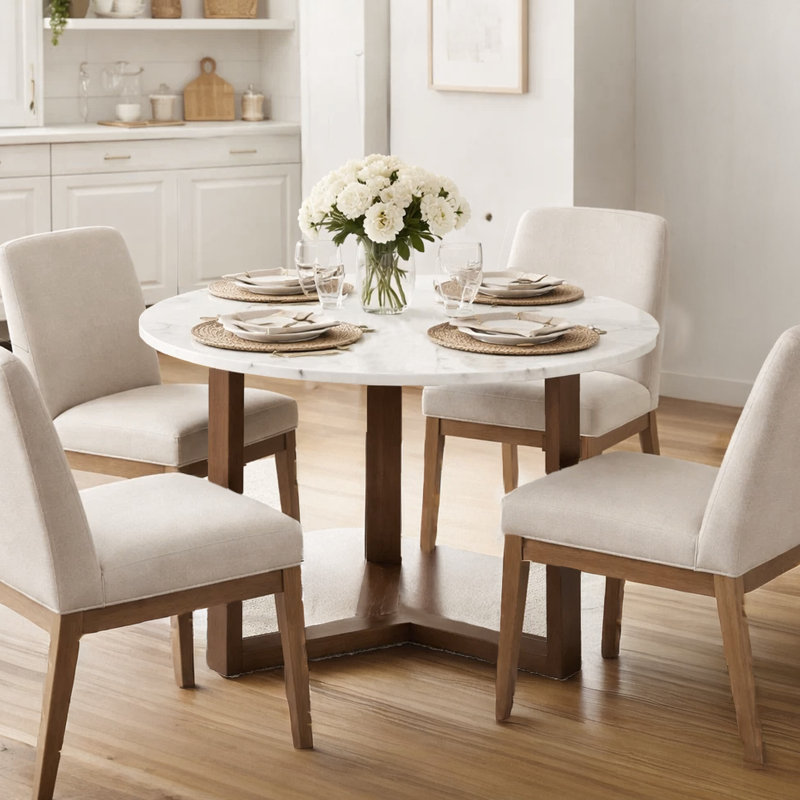 Fina 48 Inch Round Dining Table, White Genuine Marble Top, Natural Brown Mango Wood 3 Leg Sled Base