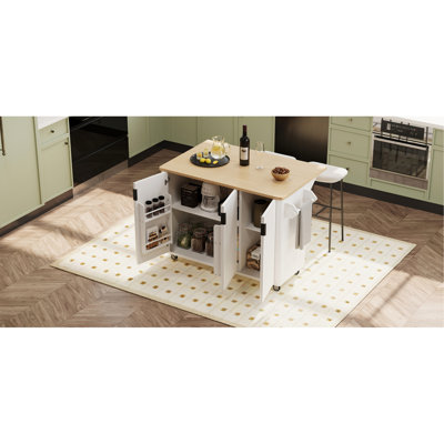 51" Fluted Kitchen Island With Drop Leaf, Farmhouse Accent Kitchen Island On Wheels With Internal Storage Rack, Rolling Kitchen Cart With Towel Rack For Kitchen, Dining Room, White Ash