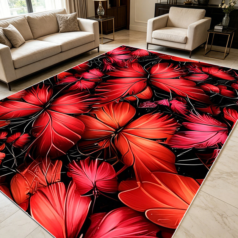 1PC Vintage Dark Red Hibiscus Floral Geometric area rugs for Living Room, Soft and Comfortable, Suitable for all seasons, easy-to-maintain, machine washable Indoor floor mat, Under Table Farmhouse suitable for dining table, bedroom, entryway,