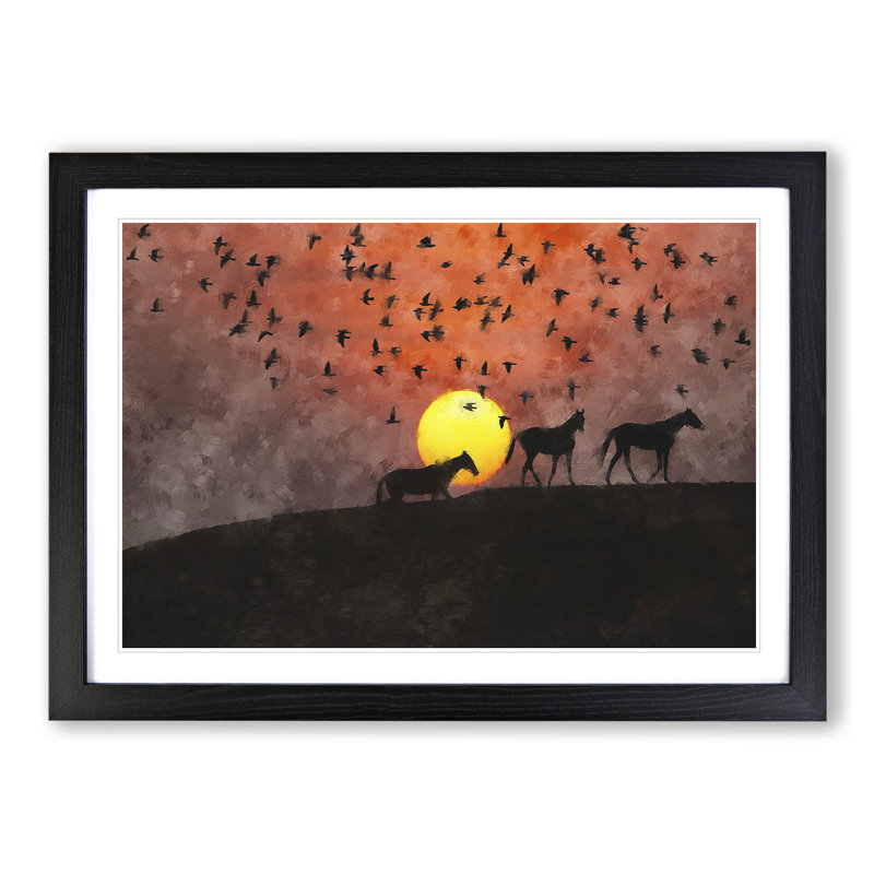 Birds and Horses at Sunset - Picture Frame Painting, 48cm H x 65cm W x 2cm D, Black Framed