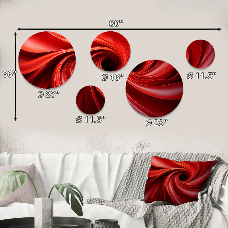 «Red Abstract Spiral Dreamscape IV», ensemble d'art mural rond en spirales abstraites de 5