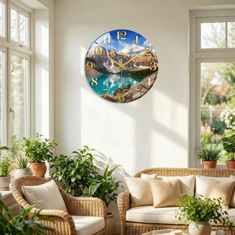 "Mountain Lake", horloge murale en verre, 60 x 60 cm (23,6 x 23,6 pouces)