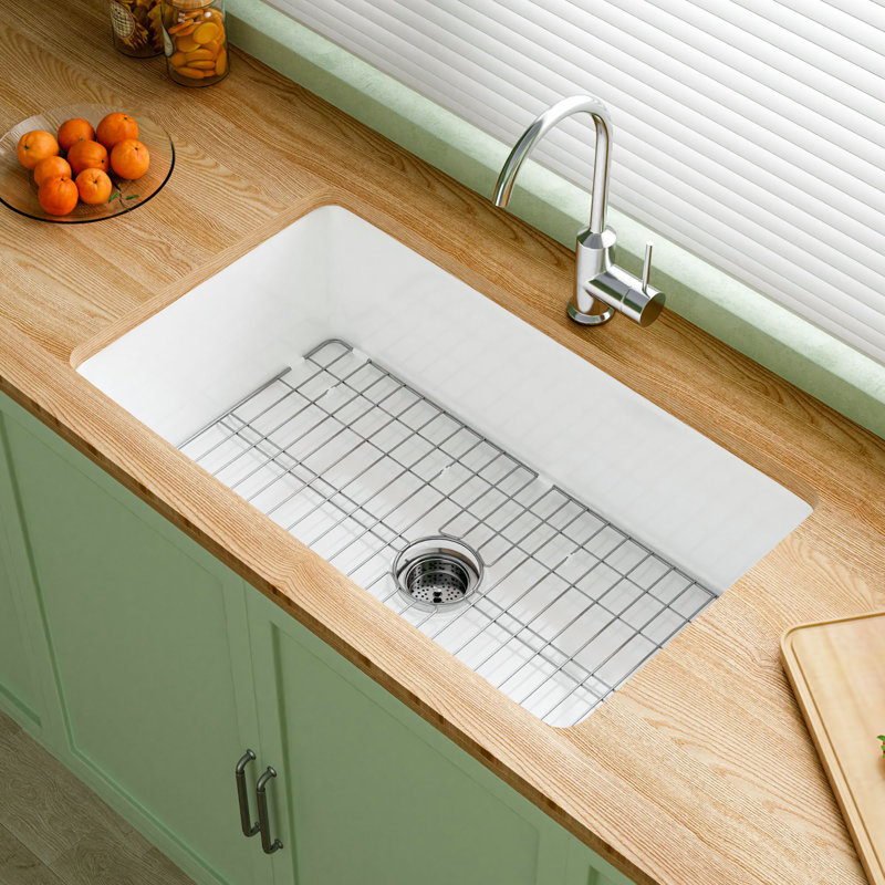 32"L x 19"W Fireclay Undermount Kitchen Sink, Drop In Kitchen Sink White Single Bowl, Dual Mount, Included 2 Custom Accessories
