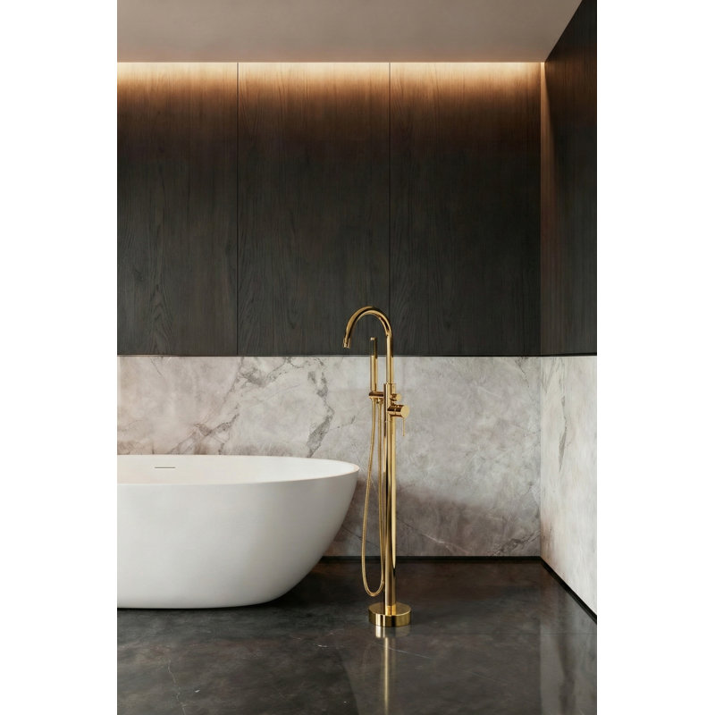 Cozyblock Floor Mount Bathtub Faucet Freestanding Tub Filler Standing High Flow Shower Faucets Shower Mixer Taps, Swivel Gooseneck Spout With Cylinder Handheld (Brushed Gold)