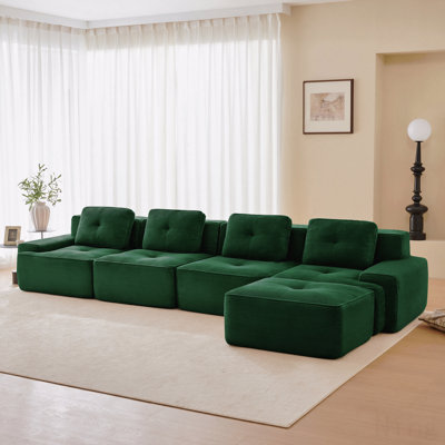 L-Shaped Sofa Ideal For Relaxing Weekends 153" Modern L-Shaped Modular Sectional Sofa For Living Room, Corduroy Fabric, 4-Seater Couch With Deep Seat And Movable Ottoman, Pearl-Like Piping, Tufted Design, No Assembly, Anti-Slip Design​,Green