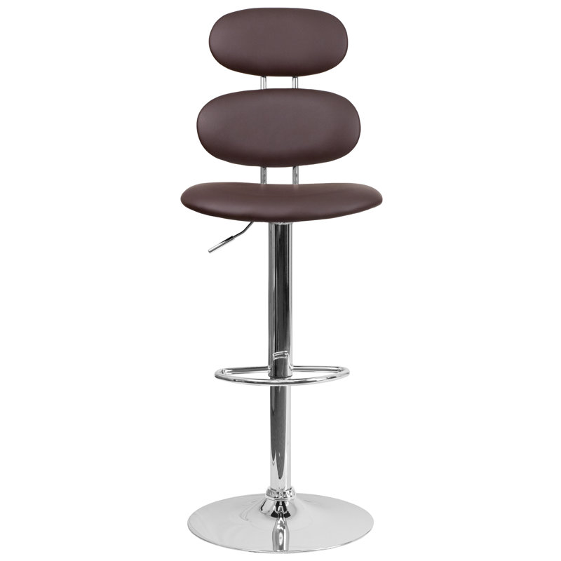 Contemporary Vinyl Adjustable Height Barstool with Ellipse Back and Chrome Base, Brown