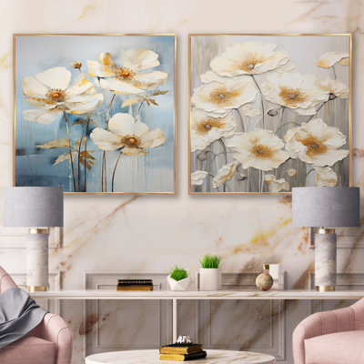 Minimalisme renoncules sur fond bleu - ensemble de 2 collages floraux carrés