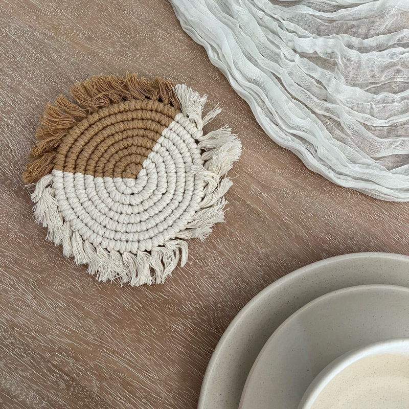 Cotton Round 4 Piece Coaster Set, Yellow/White
