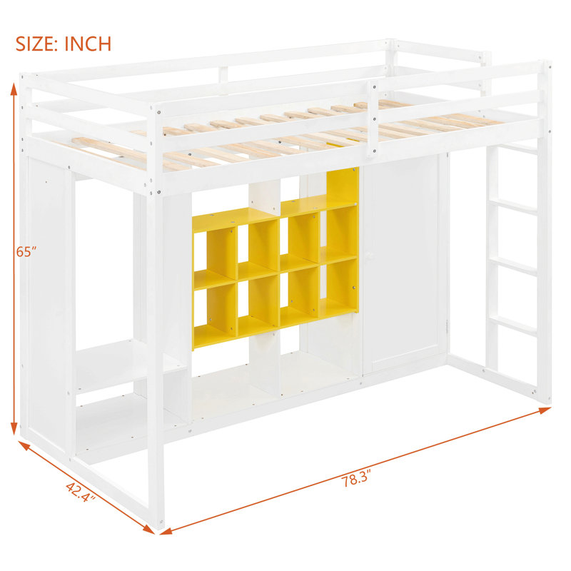 Lit mezzanine en bois avec garde-robe, tablettes et armoire, Jaune; Blanc, Lit simple