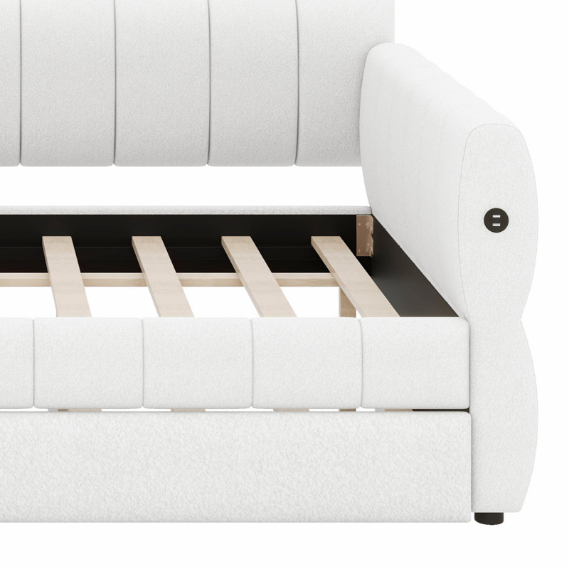 Multifunctional Upholstered Platform Bed Frame Featuring USB Ports And Convenient Trundle, White