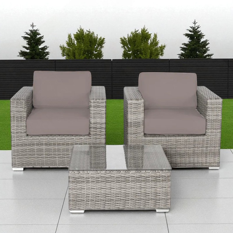 Ensemble de conversation pour 2 personnes en rotin et osier avec coussins, Gris, Gris