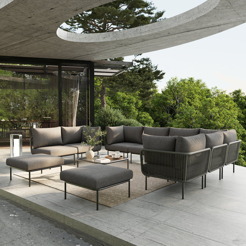 Latitude Run 11 Pieces Aluminum Patio Furniture Set, Modern Modular Sectional Sofa with Coffee Table and Upgrade Thickness Cushion