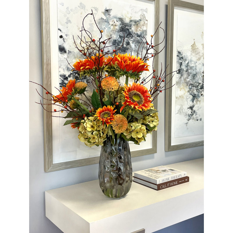 Sunflower, Hydrangea and Dahlia Fall Arrangement in a Glass Vase